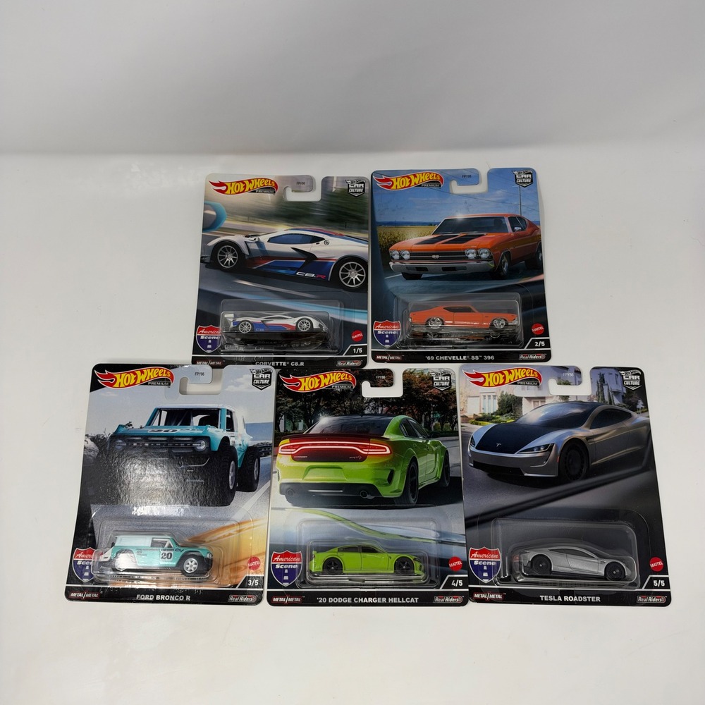 Hot Wheels Premium American Scene Complete Set Real Riders Corvette Bronco Tesla